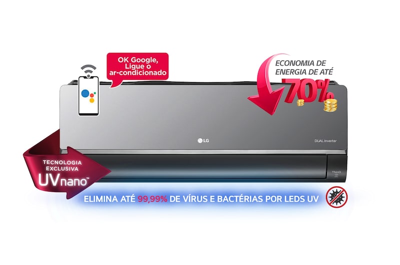 Vista frontal de Ar Condicionado LG DUAL Inverter Artcool Voice UV Nano 18.000 Quente/Frio 220V S4-W18KLRXC